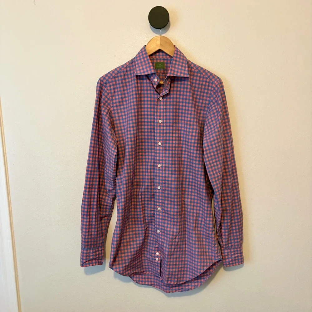 Sid Mashburn Salmon Blue Gingham Button Front Shirt Cotton Small - Picture 1 of 6